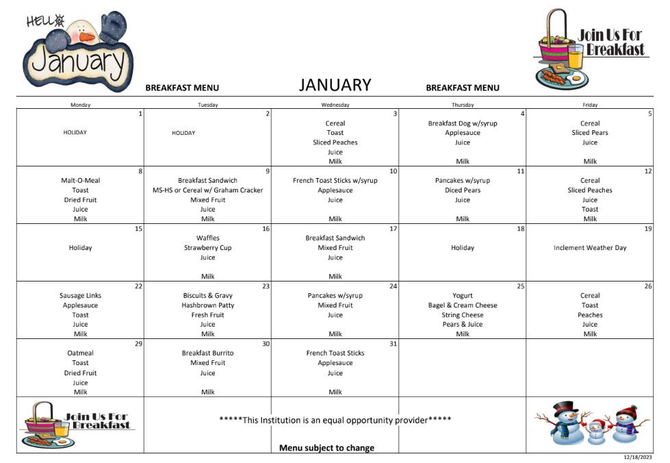 January 2024 - Breakfast Menu